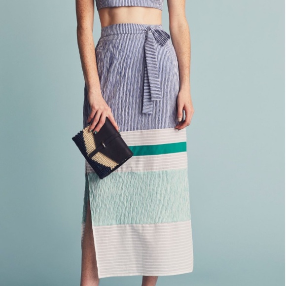 FLAGPOLE NYC Dresses & Skirts - Side Slit Midi Skirt Navy Seersucker Stripes Print